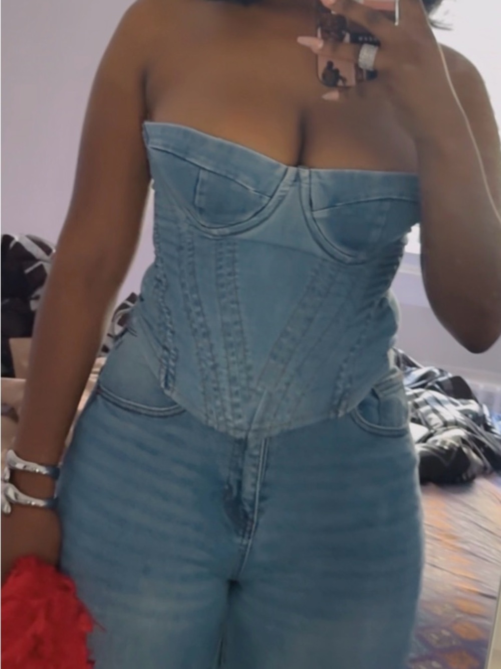 Fashion Nova Light Blue Denim Corset Crop Top